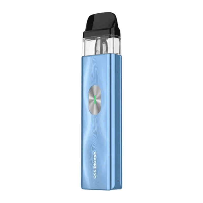 Vaporesso Xros 4 Mini Pod Kit in blue aluminum alloy, featuring compact design and advanced Corex 2.0 technology for exceptional flavor.